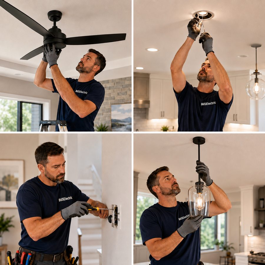 865Electric technician installing ceiling fans, recessed lighting, outlets and pendant fixtures
