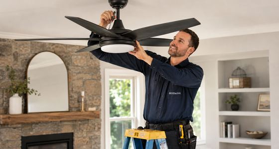 Technician installing a ceiling fan