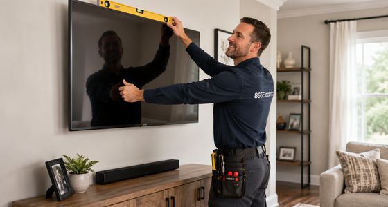 Technician mounting and leveling a wall TV