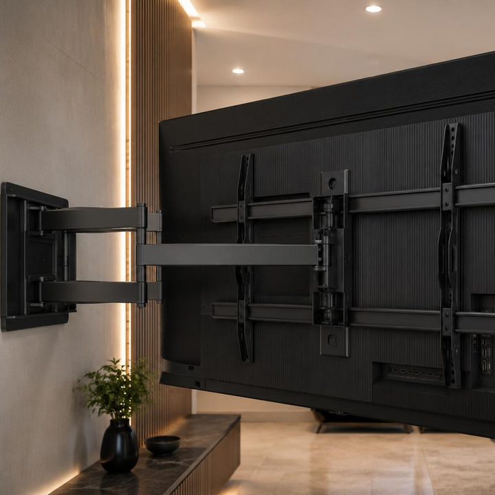 Clean modern living room with a wall-mounted TV and recessed lighting
